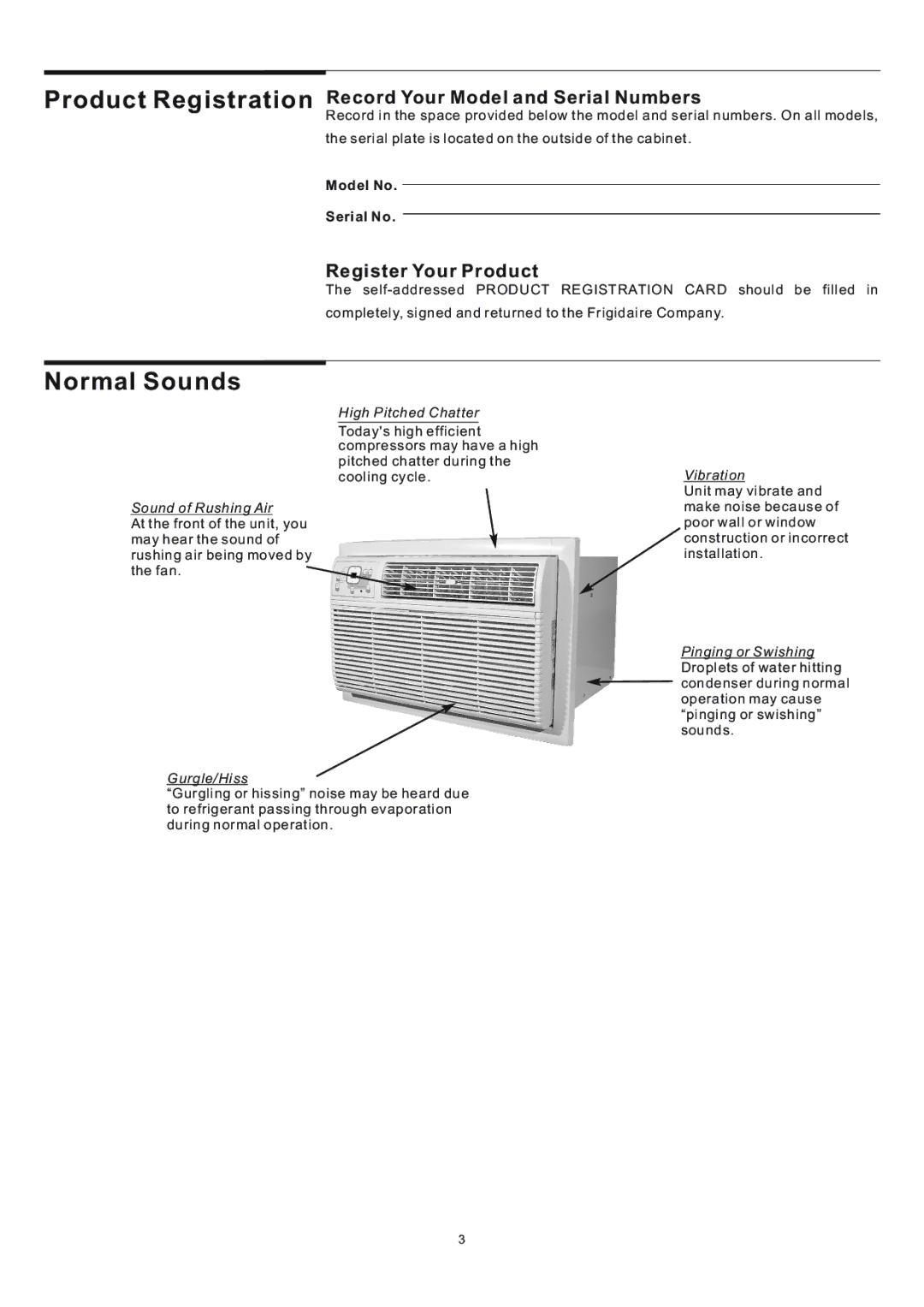 Frigidaire 5-10 warranty Normal Sounds, Model No Serial No 