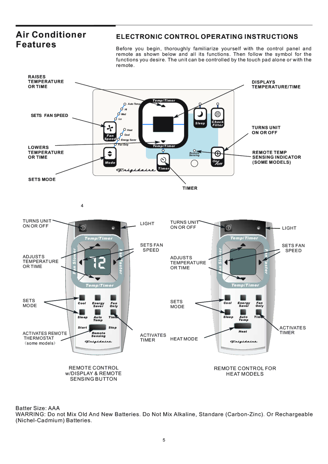 Frigidaire 5-10 warranty Air Conditioner Features, Electronic Control Operating Instructions 