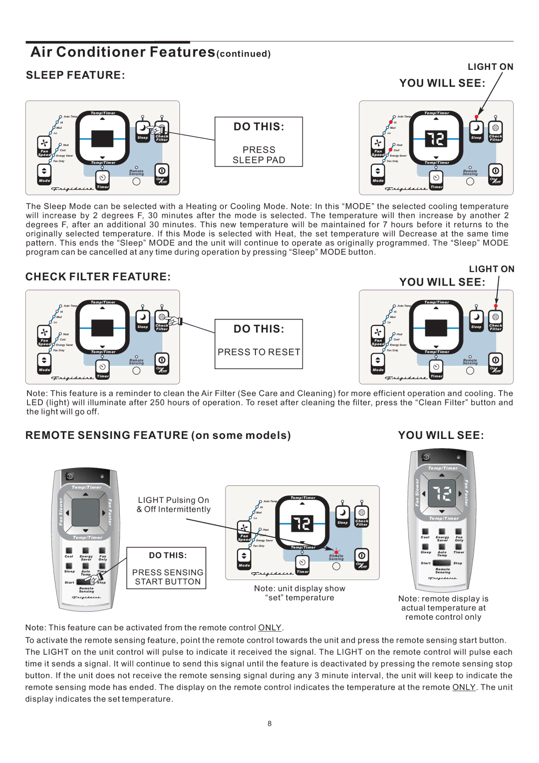 Frigidaire 5-10 warranty Sleep Feature, Check Filter Feature, Press Sleep PAD, Press to Reset 