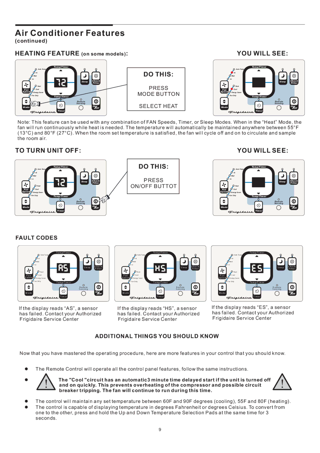 Frigidaire 5-10 warranty To Turn Unit OFF, Press Mode Button Select Heat, Press ON/OFF Buttot 