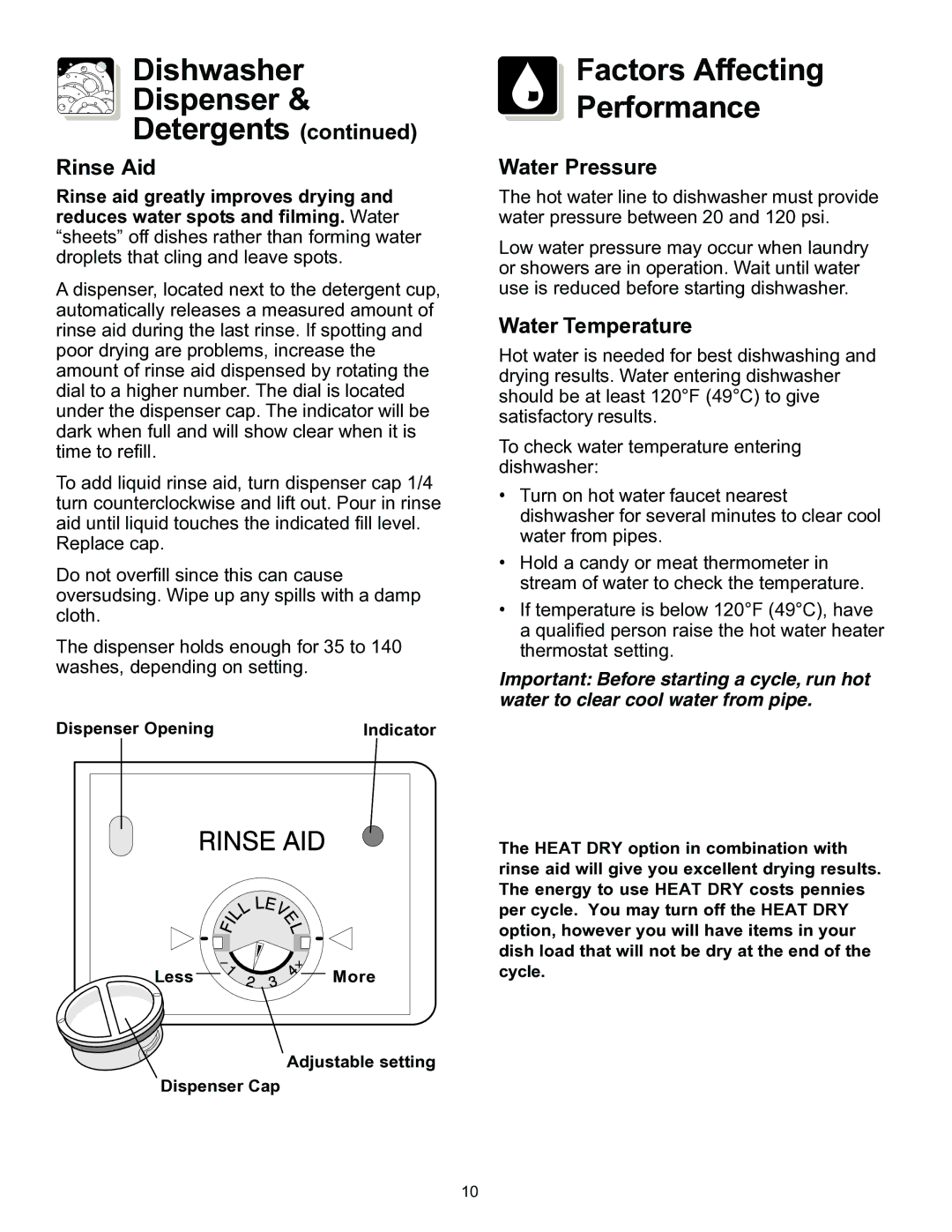 Frigidaire 500, 800 Series Dishwasher Dispenser, Factors Affecting Performance, Detergents Rinse Aid, Water Pressure 