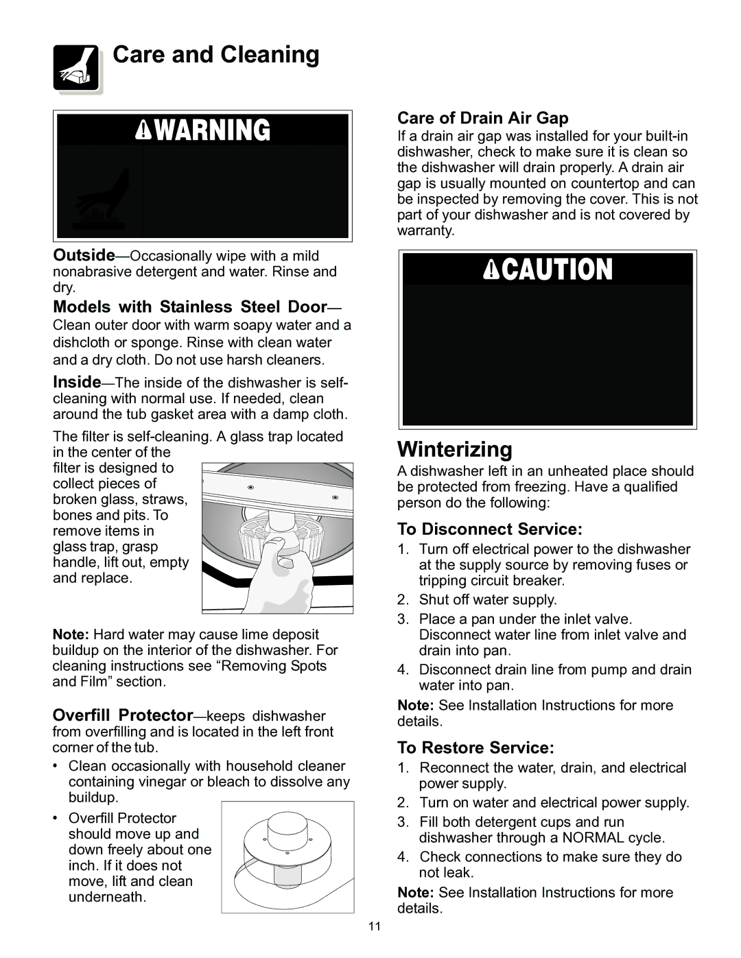 Frigidaire 800 Series, 500 warranty Care and Cleaning, Winterizing 