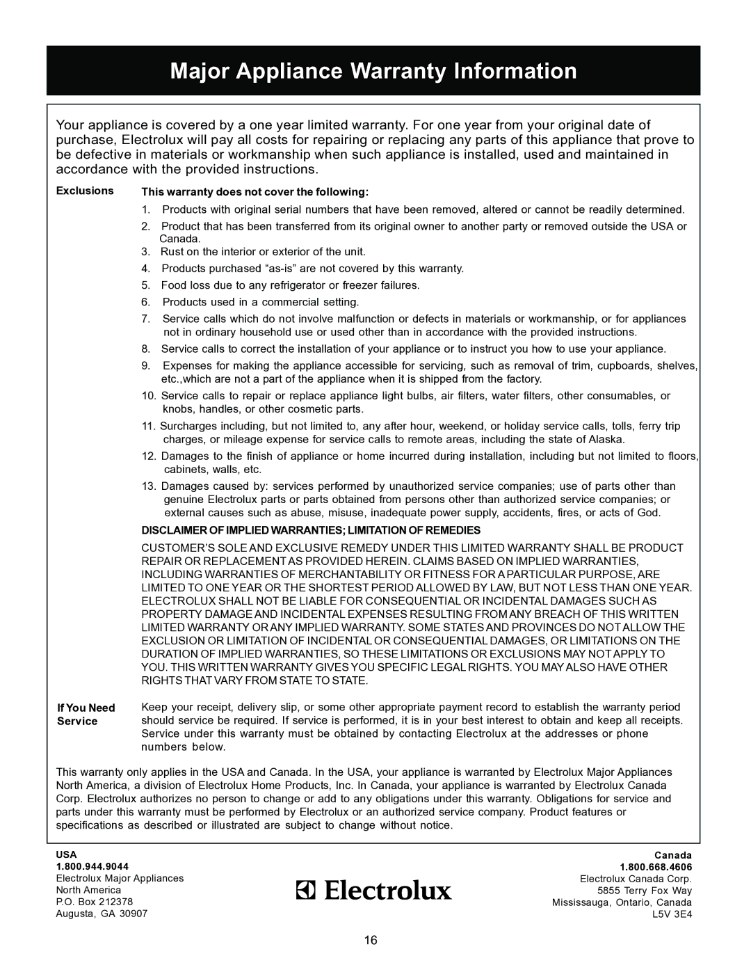 Frigidaire 500, 800 Series warranty Major Appliance Warranty Information 