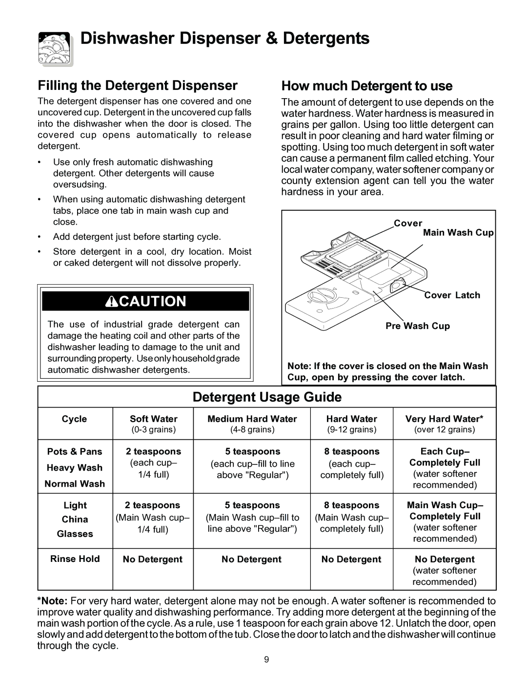 Frigidaire 800 Series, 500 warranty Dishwasher Dispenser & Detergents, Filling the Detergent Dispenser 