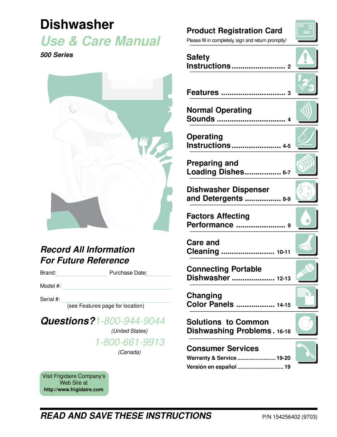 Frigidaire 500 Series warranty Product Registration Card, Safety, Normal Operating, Preparing, Dishwasher Dispenser 
