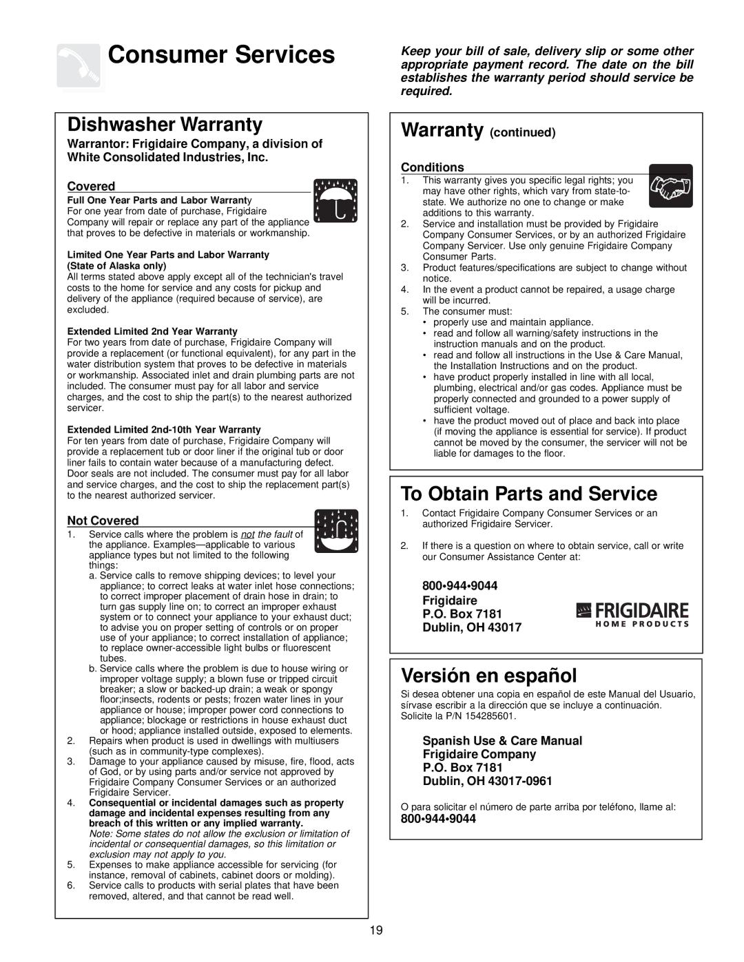 Frigidaire 500 Series warranty Consumer Services, Dishwasher Warranty 