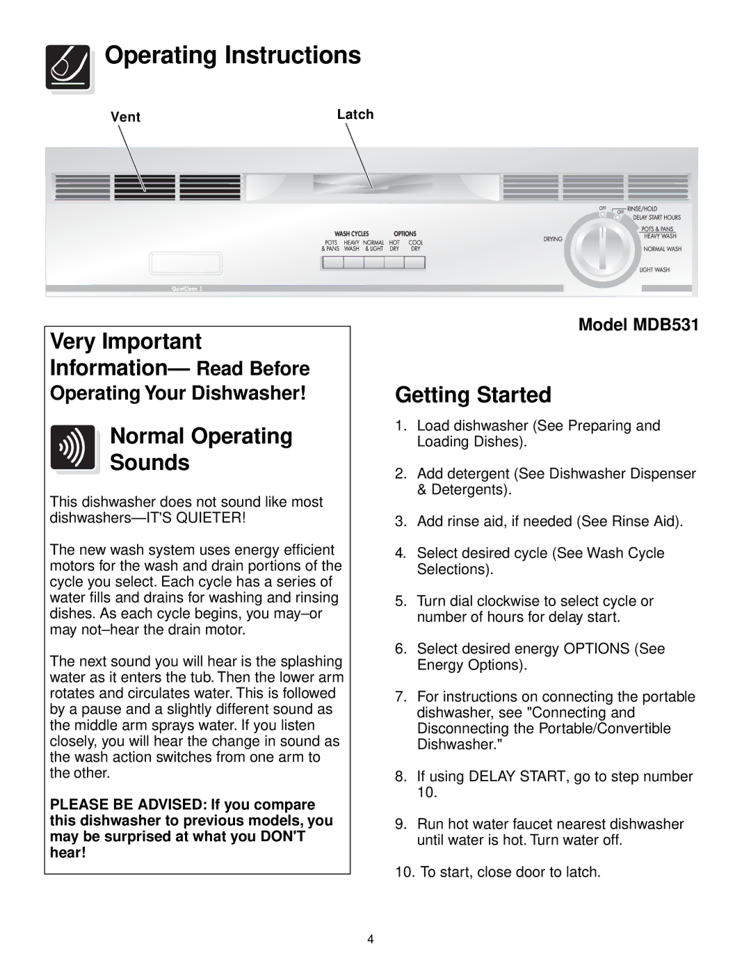 Frigidaire 500 Series warranty Operating Instructions, Normal Operating Sounds, Getting Started, Model MDB531 