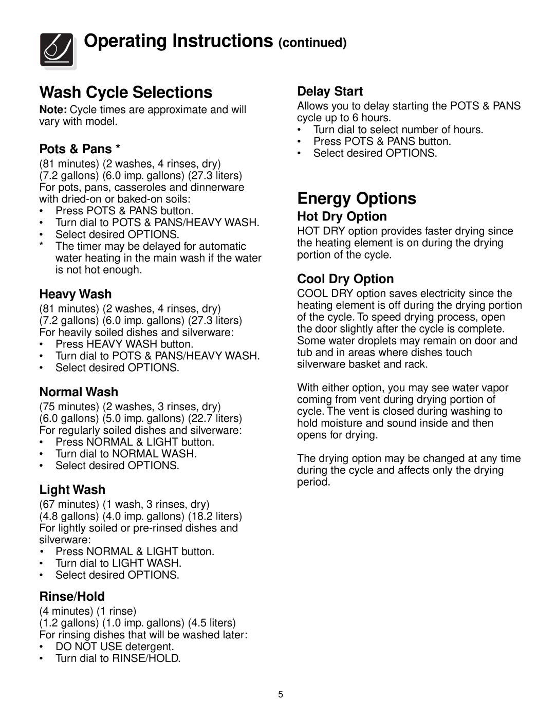 Frigidaire 500 Series warranty Wash Cycle Selections, Energy Options 