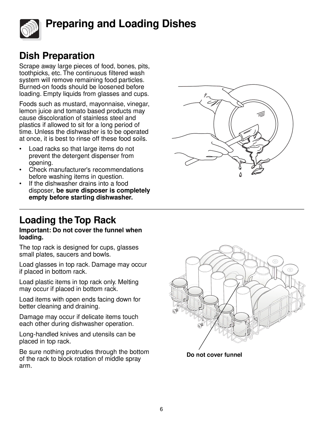 Frigidaire 500 Series warranty Preparing and Loading Dishes, Dish Preparation, Loading the Top Rack 