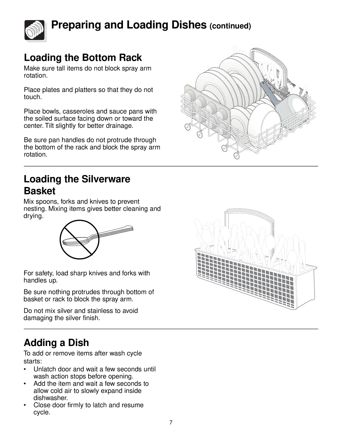 Frigidaire 500 Series warranty Loading the Bottom Rack, Loading the Silverware Basket, Adding a Dish 