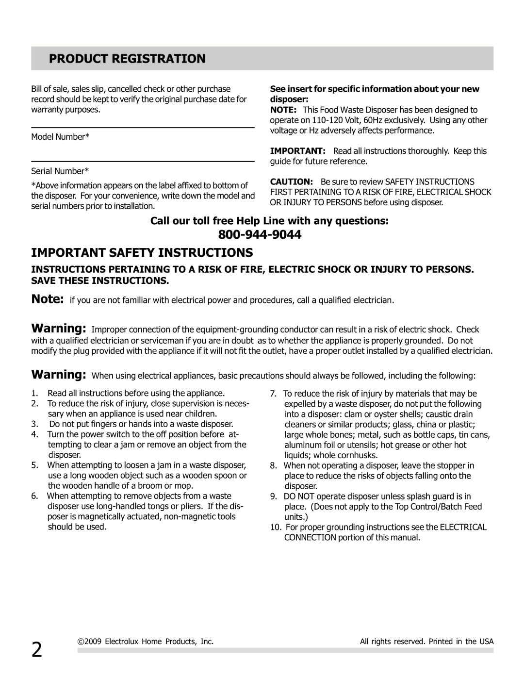 Frigidaire 560C525P02 manual Product Registration, Important Safety Instructions 