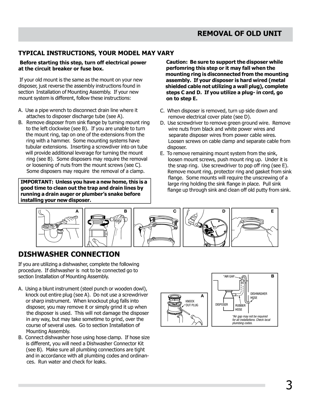 Frigidaire 560C525P02 manual Removal of OLD Unit, Dishwasher Connection 