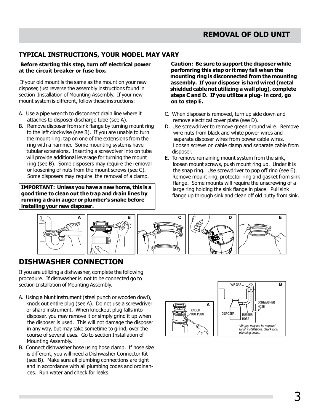 Frigidaire 560C525P02 manual Removal Of Old Unit, Dishwasher Connection, Typical Instructions, Your Model May Vary 