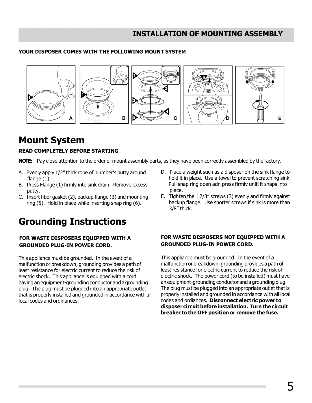 Frigidaire 560C525P02 manual Grounding Instructions, Mount System, Installation Of Mounting Assembly 
