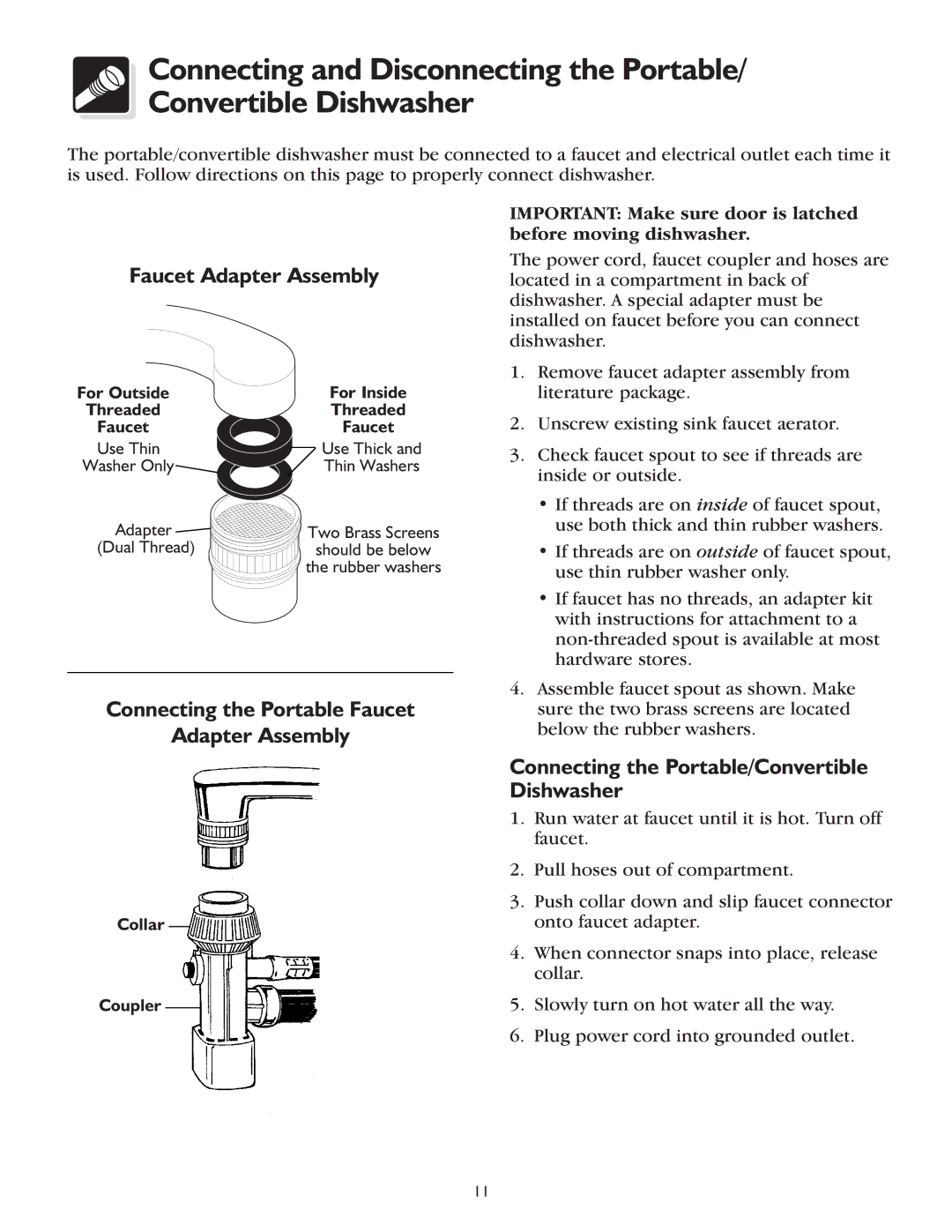 Frigidaire 600 Series Connecting the Portable Faucet Adapter Assembly, Connecting the Portable/Convertible Dishwasher 