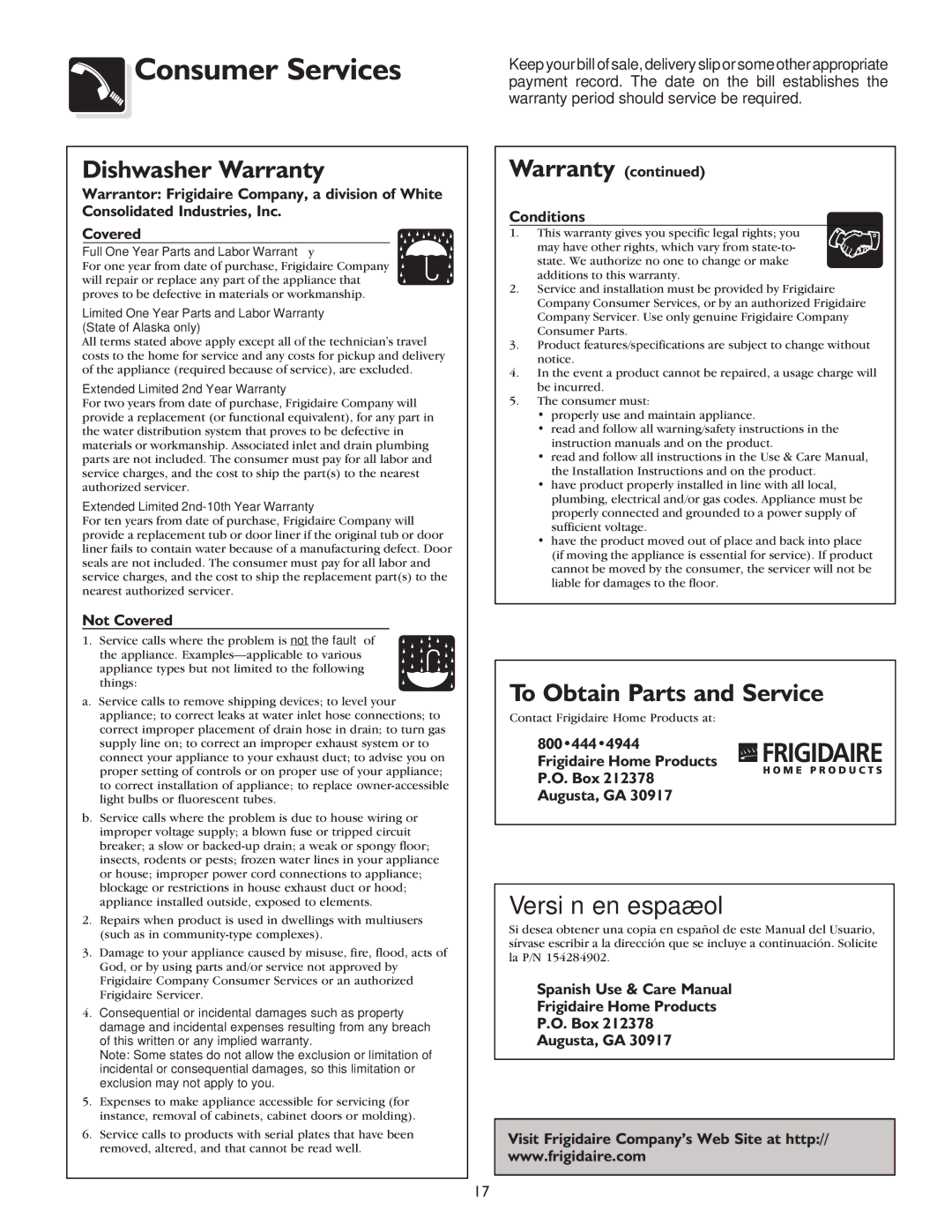 Frigidaire 600 Series warranty Consumer Services, Dishwasher Warranty 