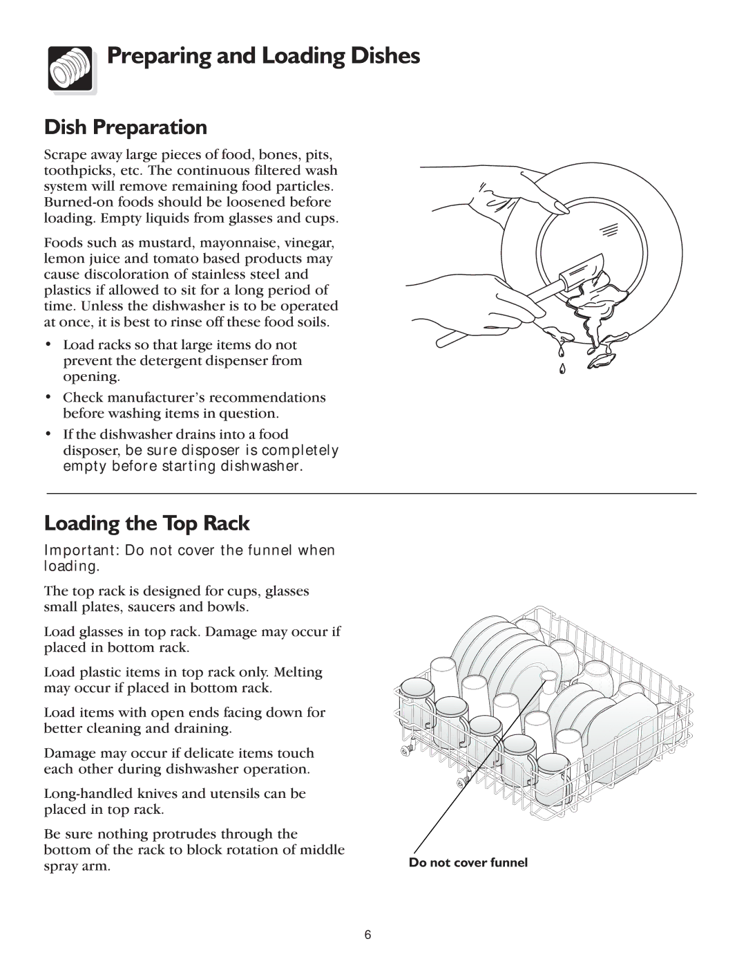 Frigidaire 600 Series warranty Preparing and Loading Dishes, Dish Preparation, Loading the Top Rack 