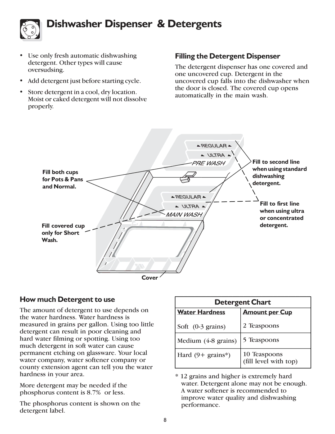 Frigidaire 600 Series Dishwasher Dispenser & Detergents, Filling the Detergent Dispenser, How much Detergent to use 