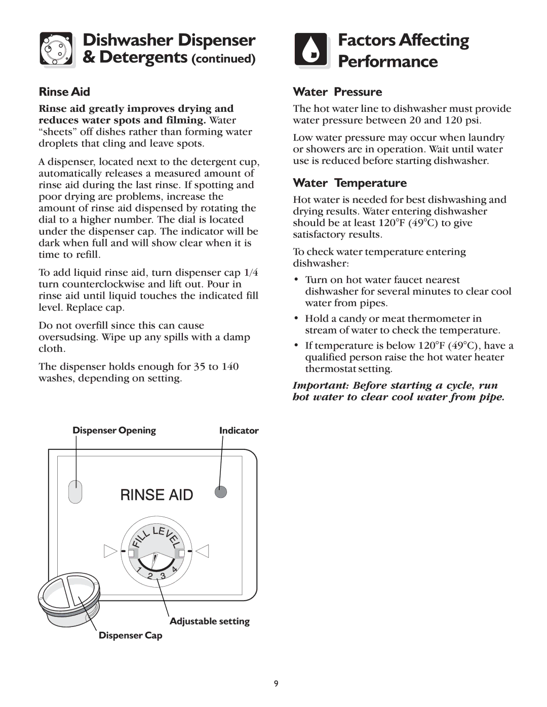 Frigidaire 600 Series warranty Factors Affecting Performance, Rinse Aid, Water Pressure, Water Temperature 