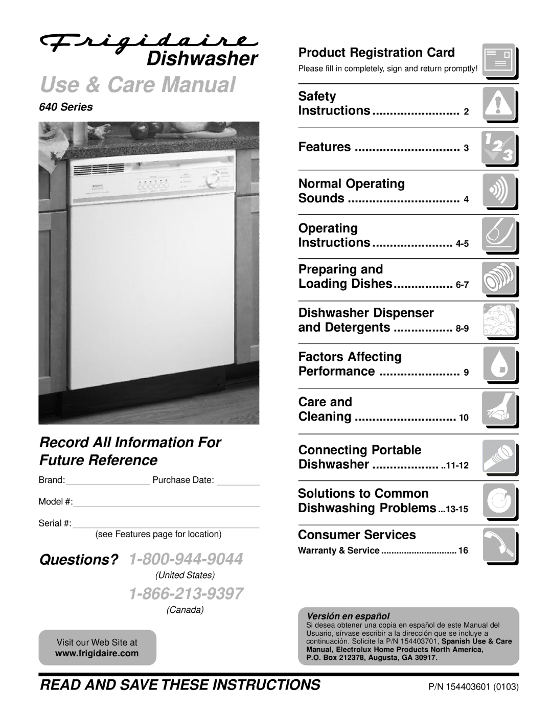 Frigidaire 640 warranty Product Registration Card, Safety, Normal Operating, Preparing, Dishwasher Dispenser, Care 