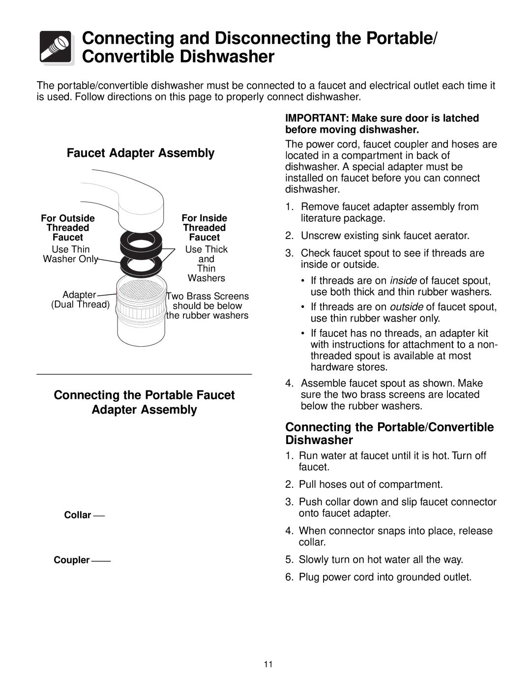 Frigidaire 640 warranty Connecting the Portable Faucet Adapter Assembly, Connecting the Portable/Convertible Dishwasher 