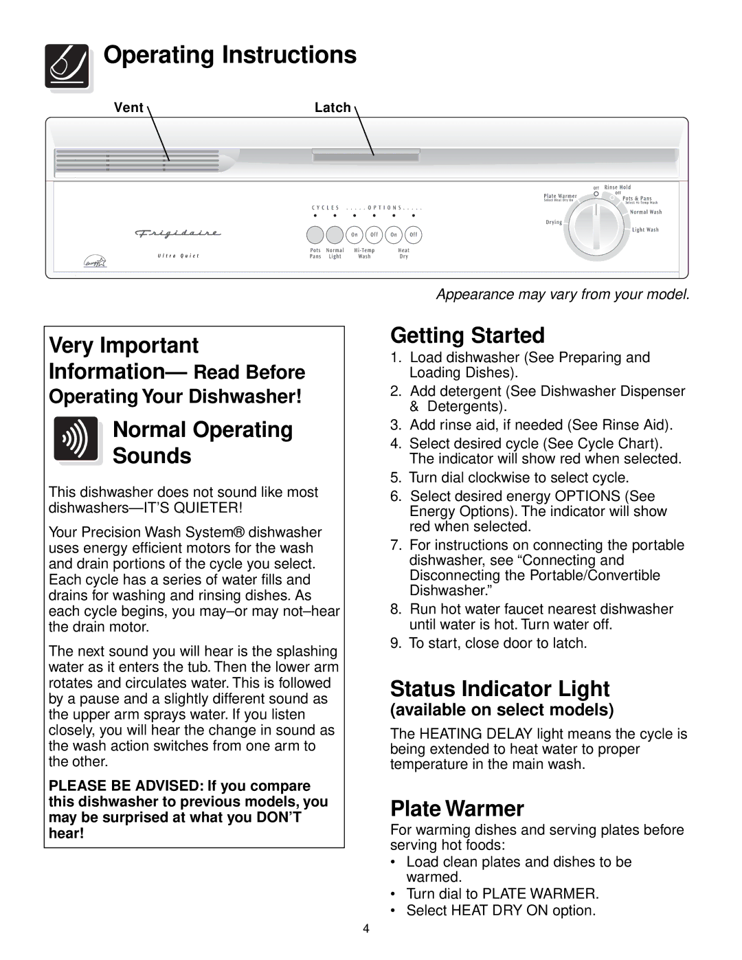 Frigidaire 640 Operating Instructions, Normal Operating Sounds, Getting Started, Status Indicator Light, Plate Warmer 