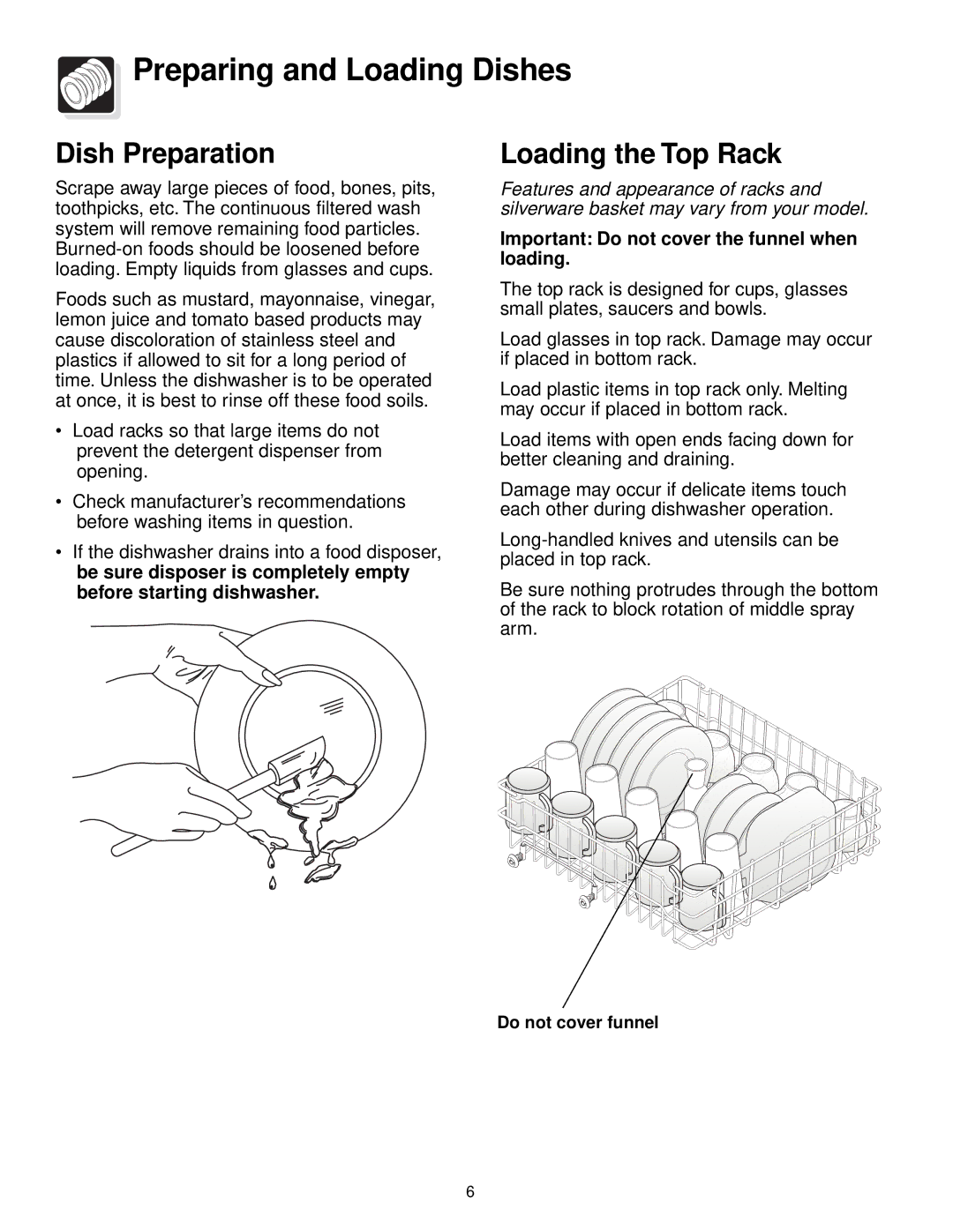 Frigidaire 640 warranty Preparing and Loading Dishes, Dish Preparation, Loading the Top Rack 