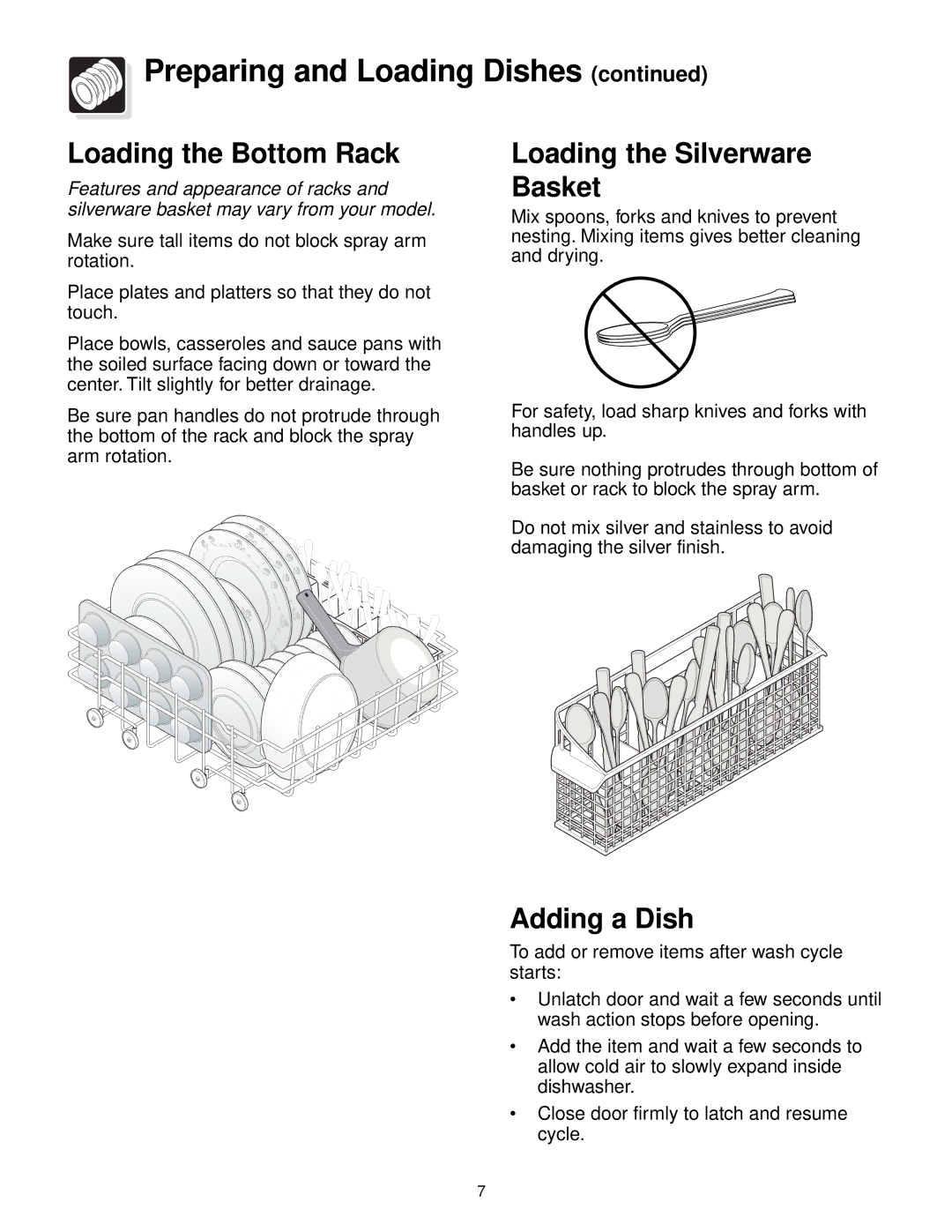 Frigidaire 640 warranty Loading the Bottom Rack, Loading the Silverware Basket, Adding a Dish 
