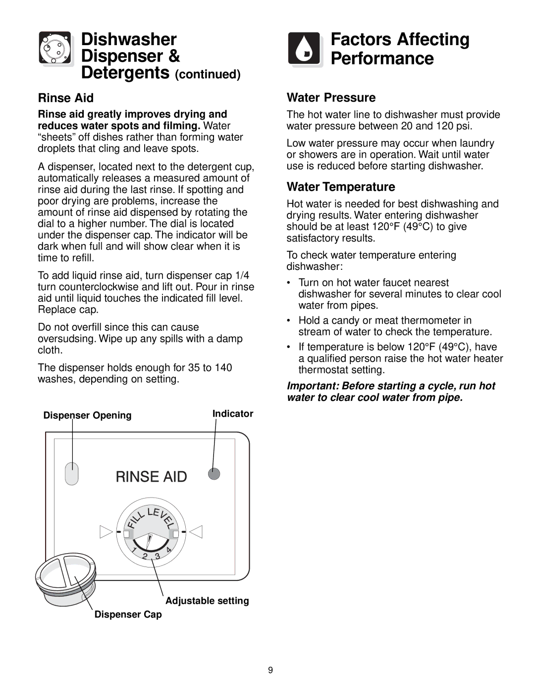 Frigidaire 640 warranty Dishwasher Dispenser Detergents, Factors Affecting Performance, Rinse Aid, Water Pressure 