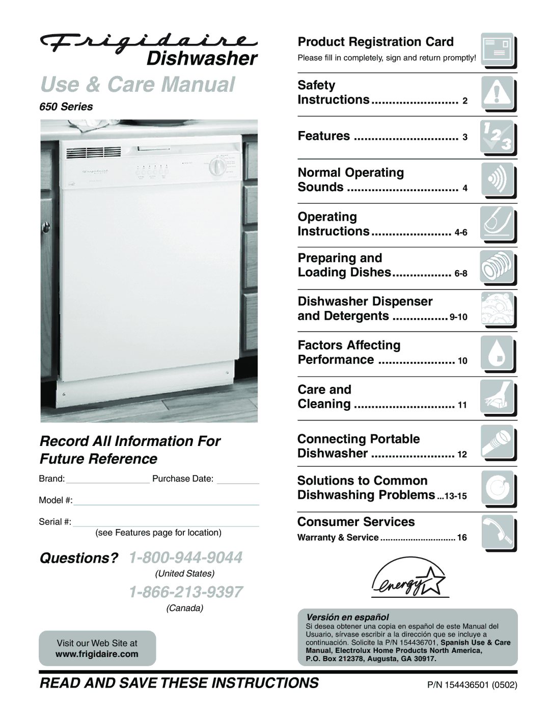 Frigidaire 650 Series warranty Product Registration Card, Safety, Normal Operating, Preparing, Dishwasher Dispenser, Care 