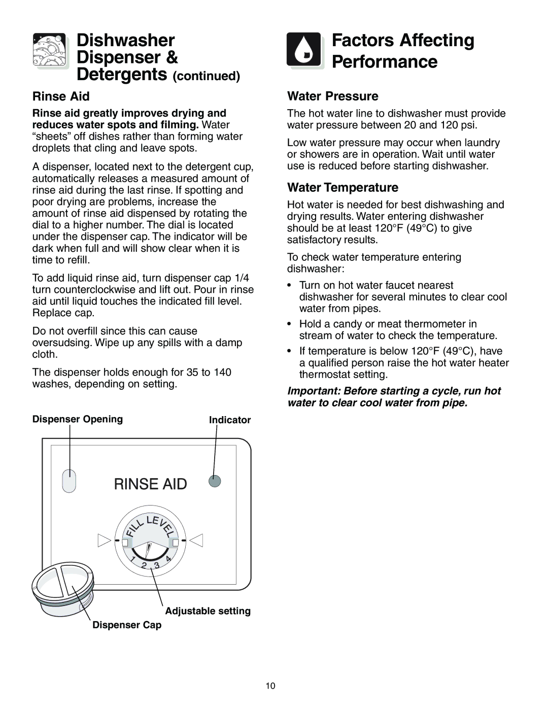 Frigidaire 650 Series warranty Dishwasher Dispenser Detergents, Factors Affecting Performance, Rinse Aid, Water Pressure 