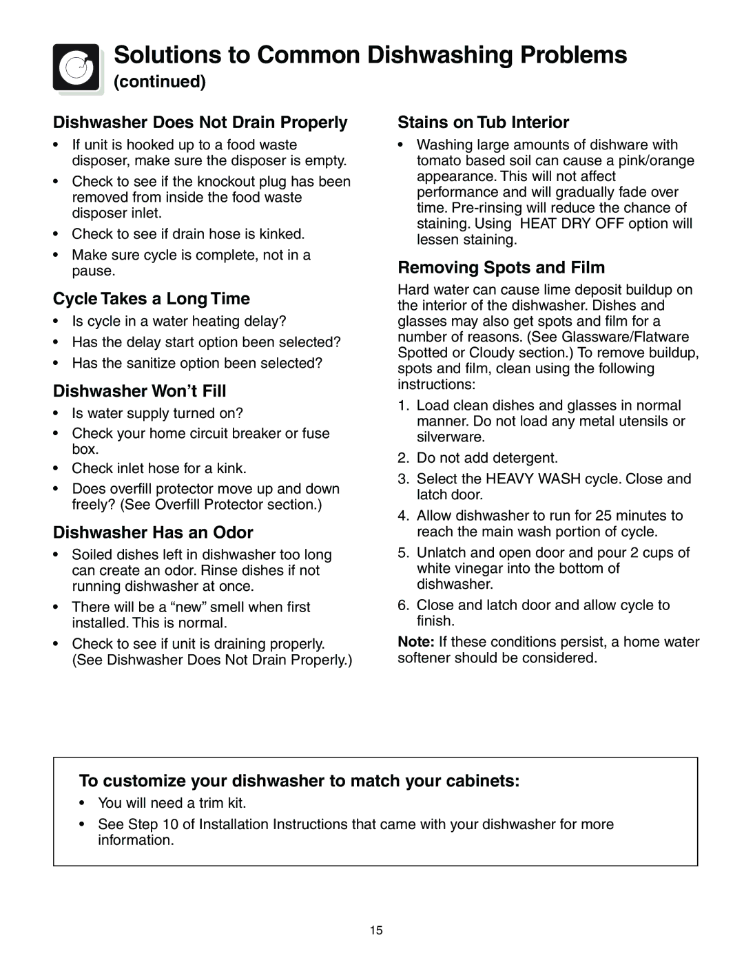 Frigidaire 650 Series warranty Dishwasher Does Not Drain Properly, Cycle Takes a Long Time, Dishwasher Won’t Fill 