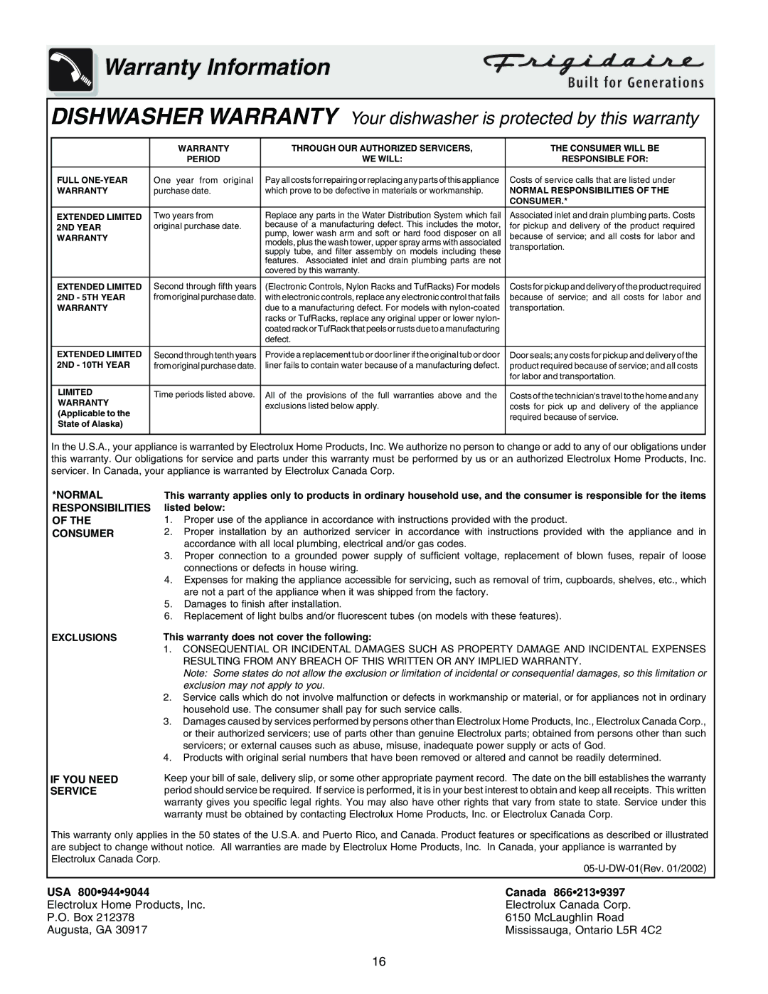 Frigidaire 650 Series warranty Warranty Information 