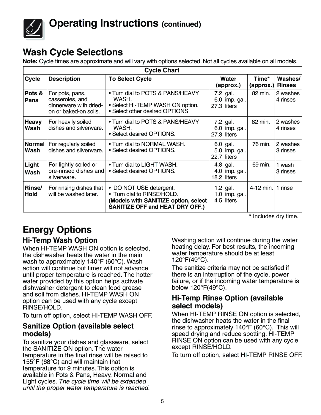 Frigidaire 650 Series Wash Cycle Selections, Energy Options, Hi-Temp Wash Option, Sanitize Option available select models 