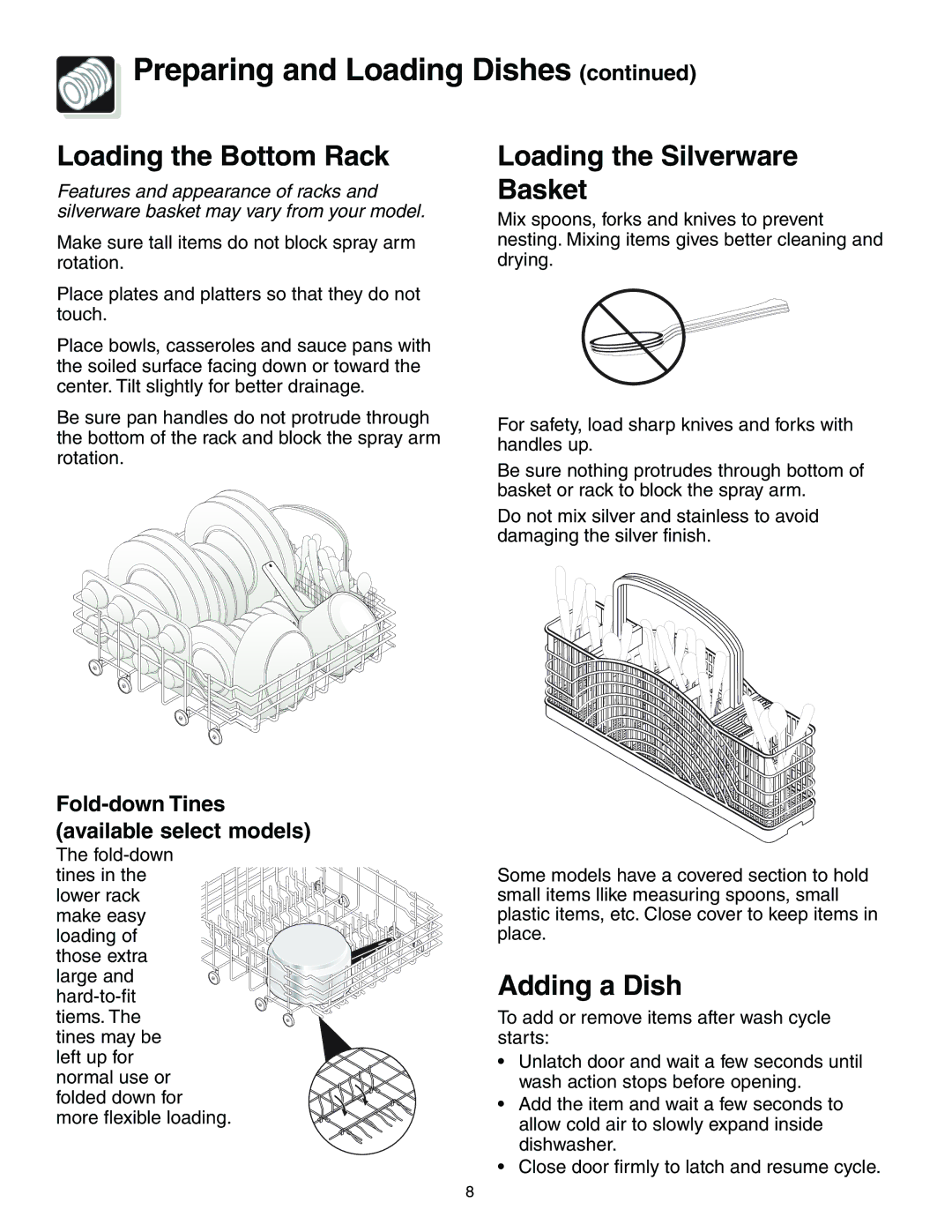 Frigidaire 650 Series warranty Loading the Bottom Rack, Loading the Silverware Basket, Adding a Dish 