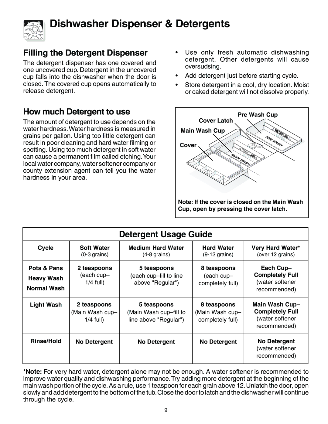 Frigidaire 650 Series warranty Dishwasher Dispenser & Detergents, Filling the Detergent Dispenser 