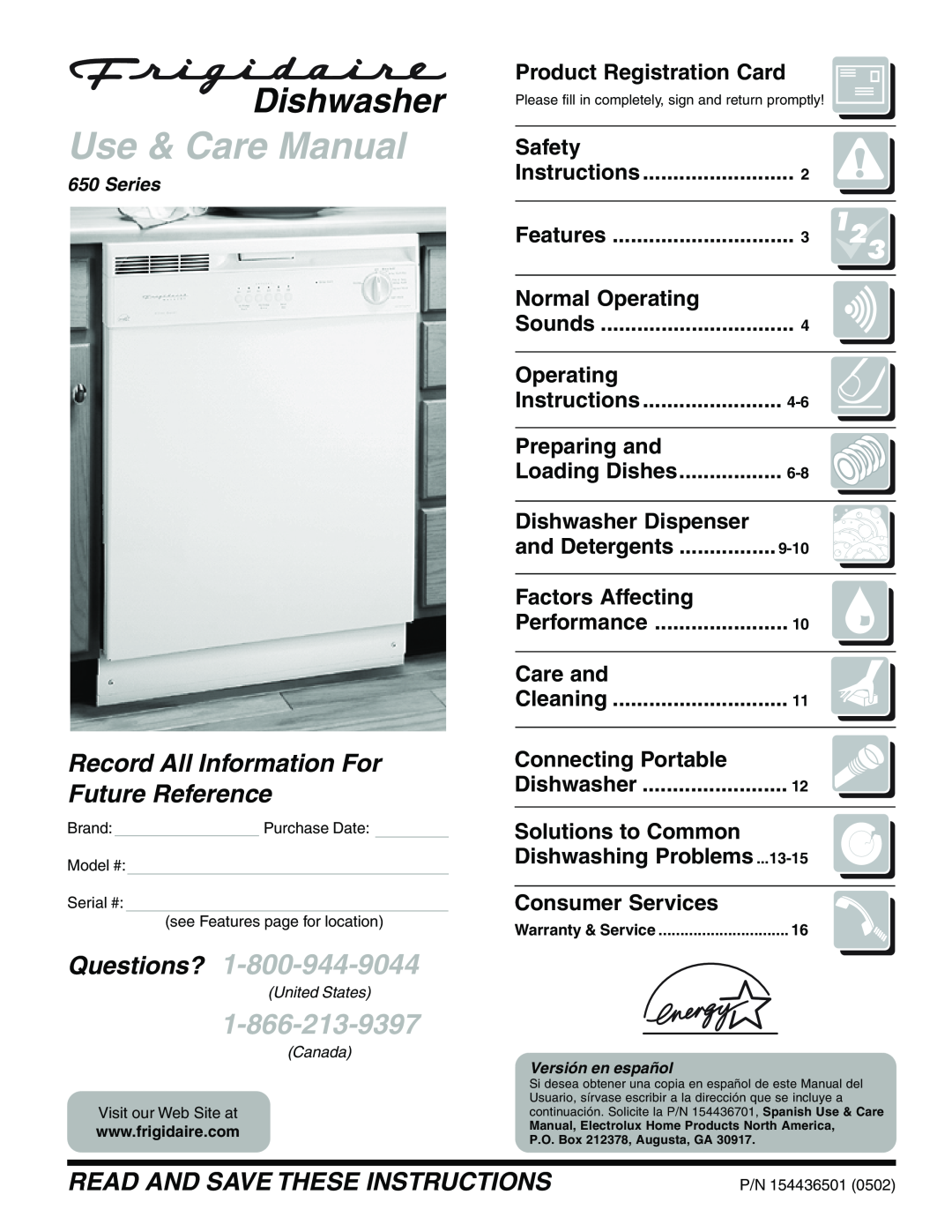 Frigidaire 650 Series warranty Product Registration Card, Safety, Normal Operating, Preparing and, Dishwasher Dispenser 