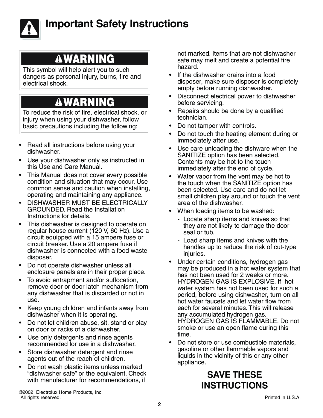 Frigidaire 650 Series warranty Important Safety Instructions, Save These Instructions 