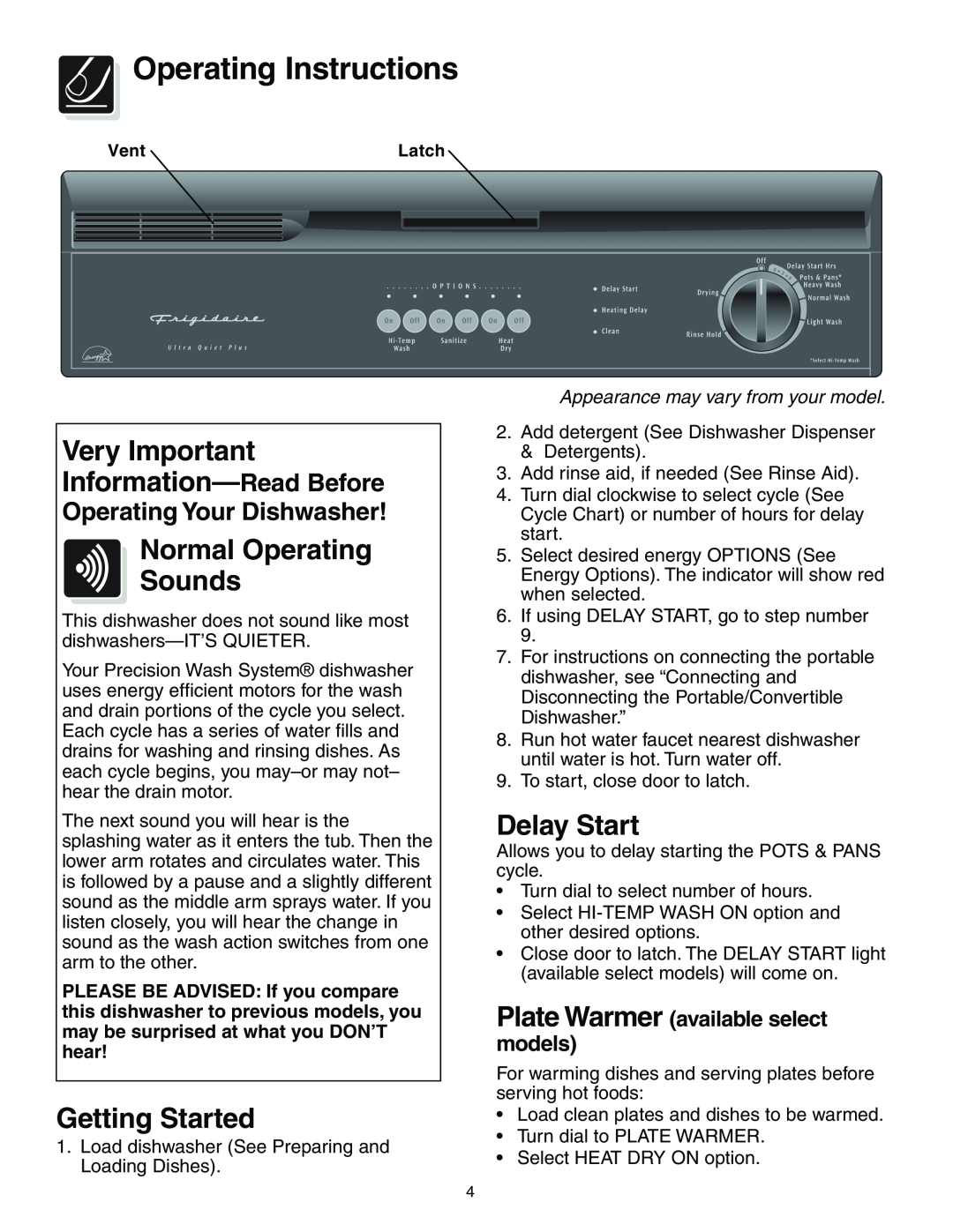 Frigidaire 650 Series Operating Instructions, Very Important Information-Read Before, Normal Operating Sounds, Delay Start 