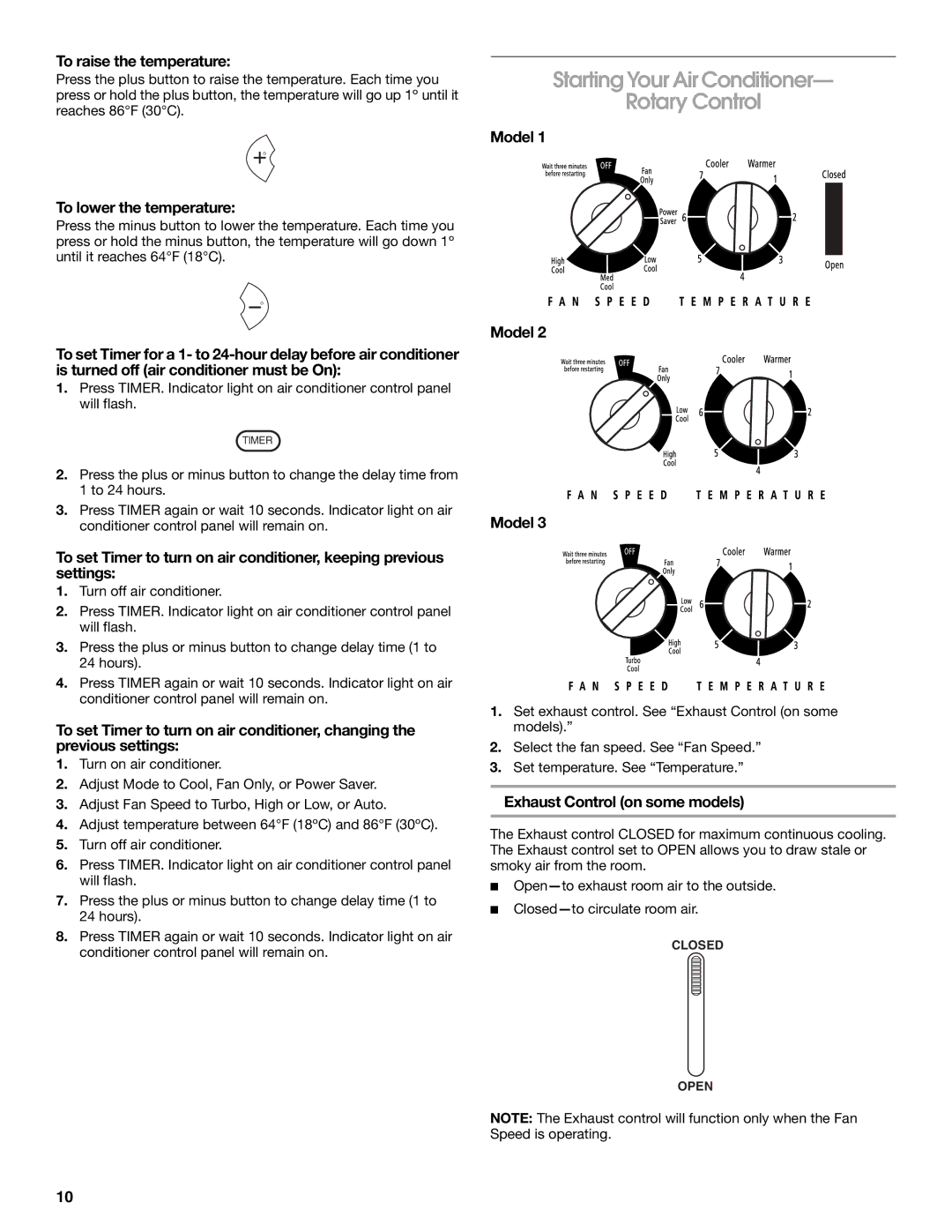 Frigidaire 66121330 manual Starting Your Air Conditioner Rotary Control, To raise the temperature, To lower the temperature 