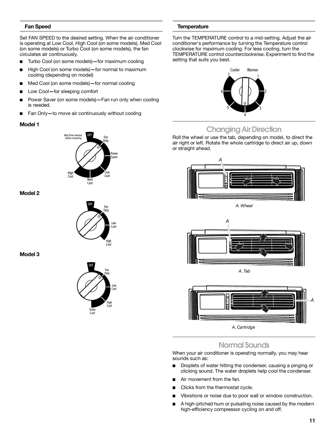 Frigidaire 66121330 manual Changing Air Direction, Normal Sounds, Model Temperature 