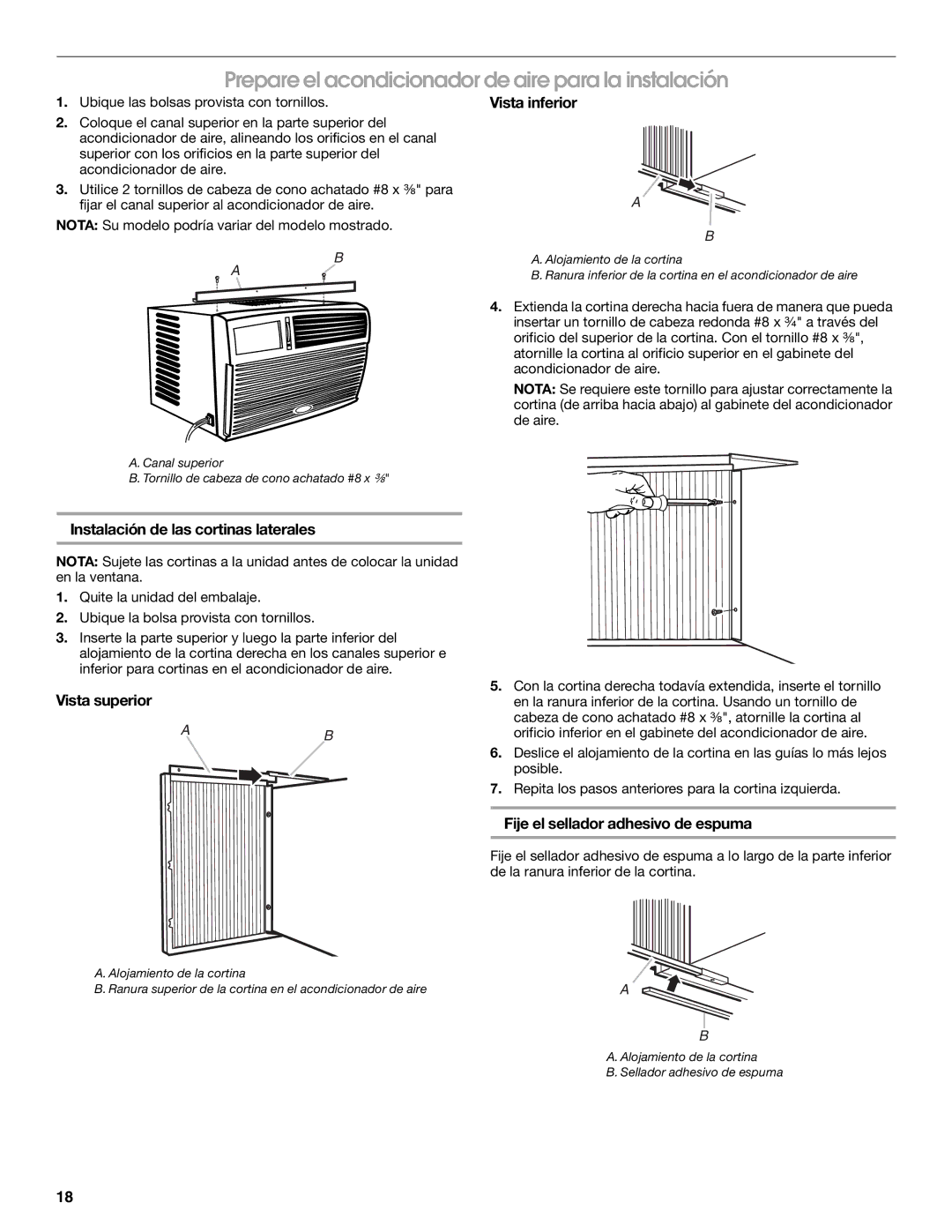 Frigidaire 66121330 manual Prepare el acondicionador de aire para la instalación, Instalación de las cortinas laterales 