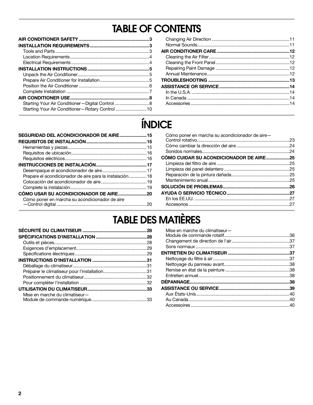 Frigidaire 66121330 manual Table of Contents, Índice, Table DES Matières 