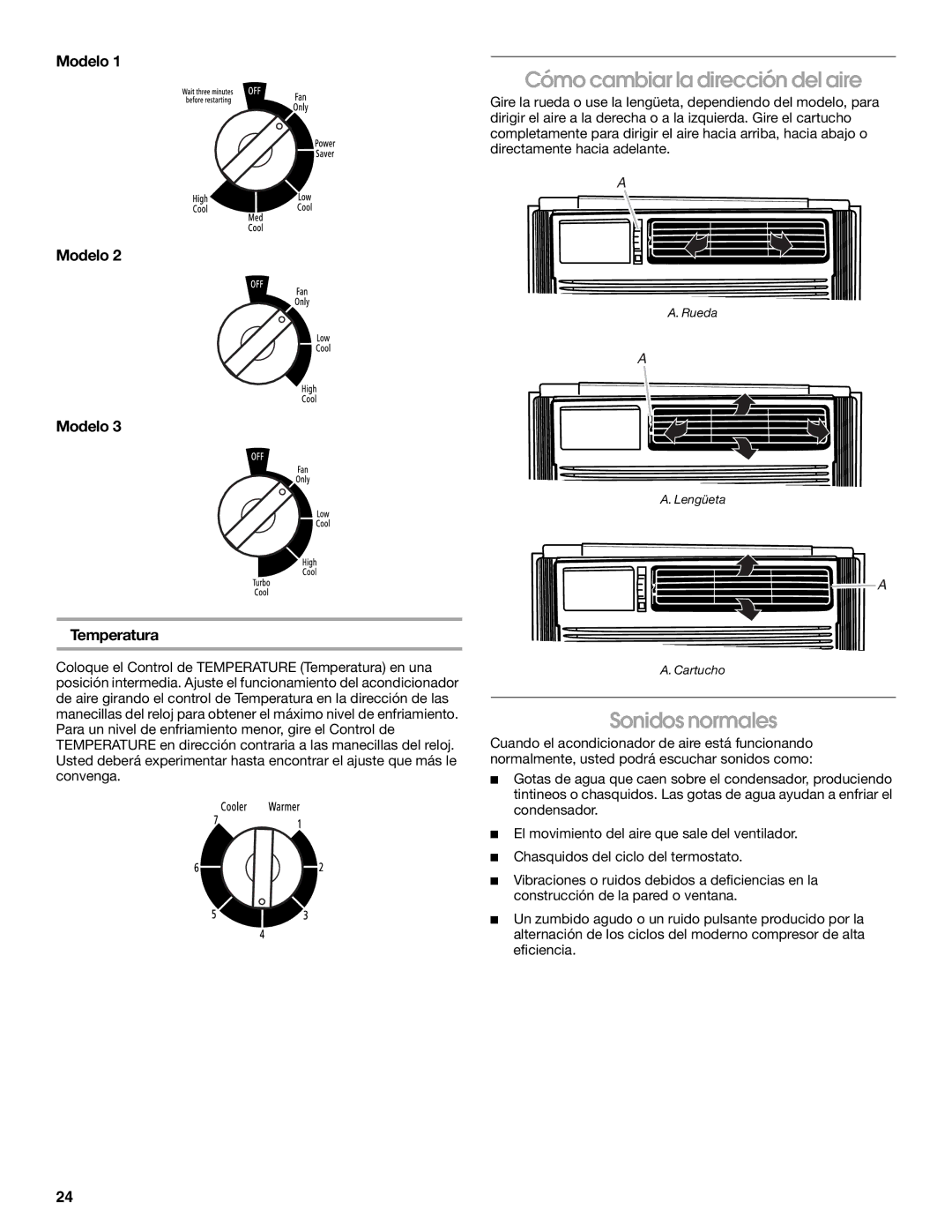 Frigidaire 66121330 manual Cómo cambiar la dirección del aire, Sonidos normales, Modelo Temperatura 