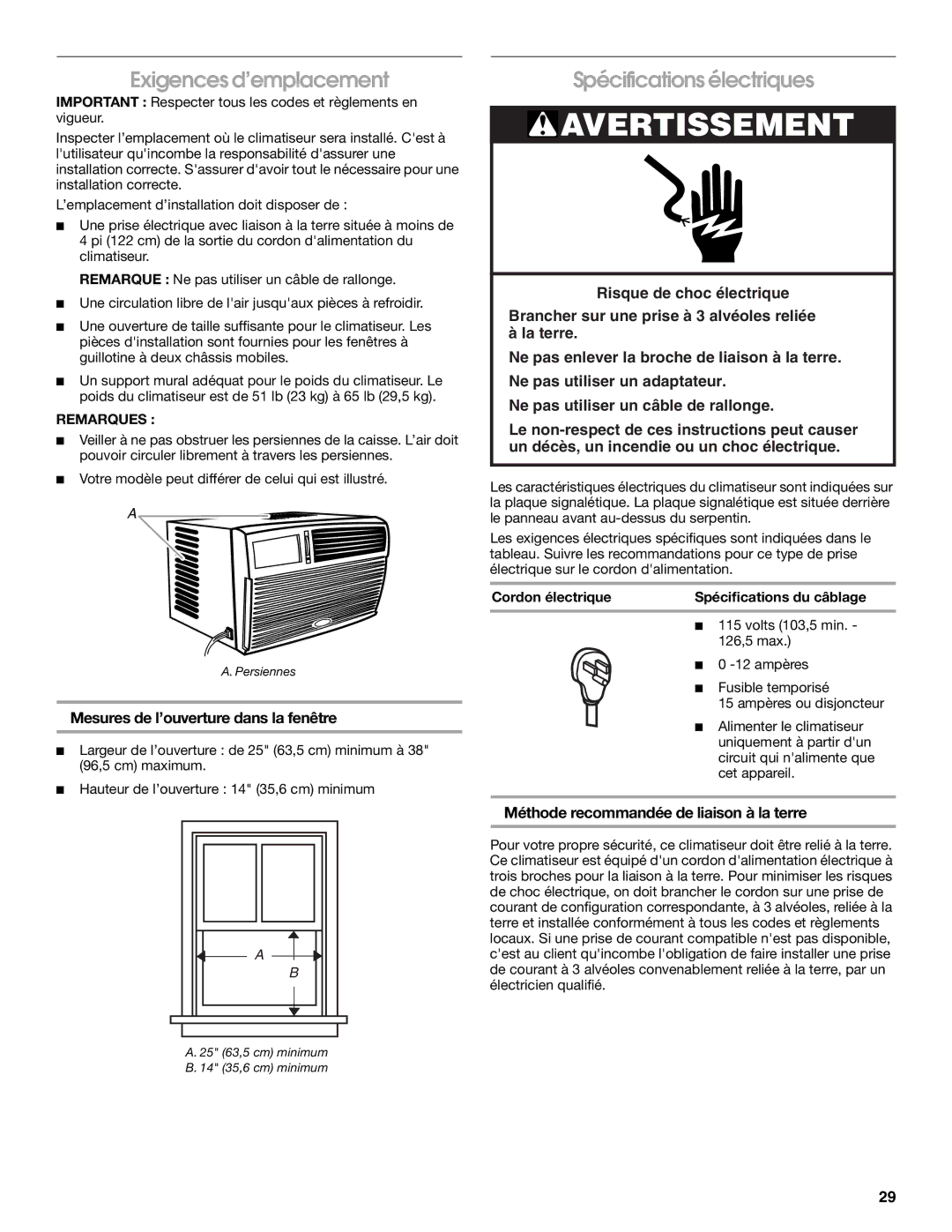 Frigidaire 66121330 manual Exigences d’emplacement, Spécifications électriques, Mesures de l’ouverture dans la fenêtre 