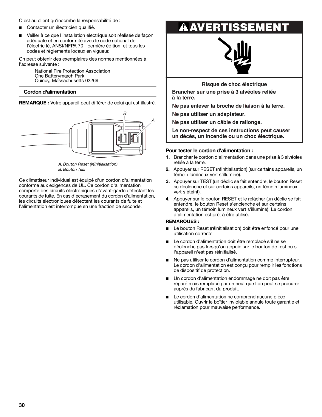 Frigidaire 66121330 manual Cordon dalimentation, Bouton Reset réinitialisation Bouton Test 