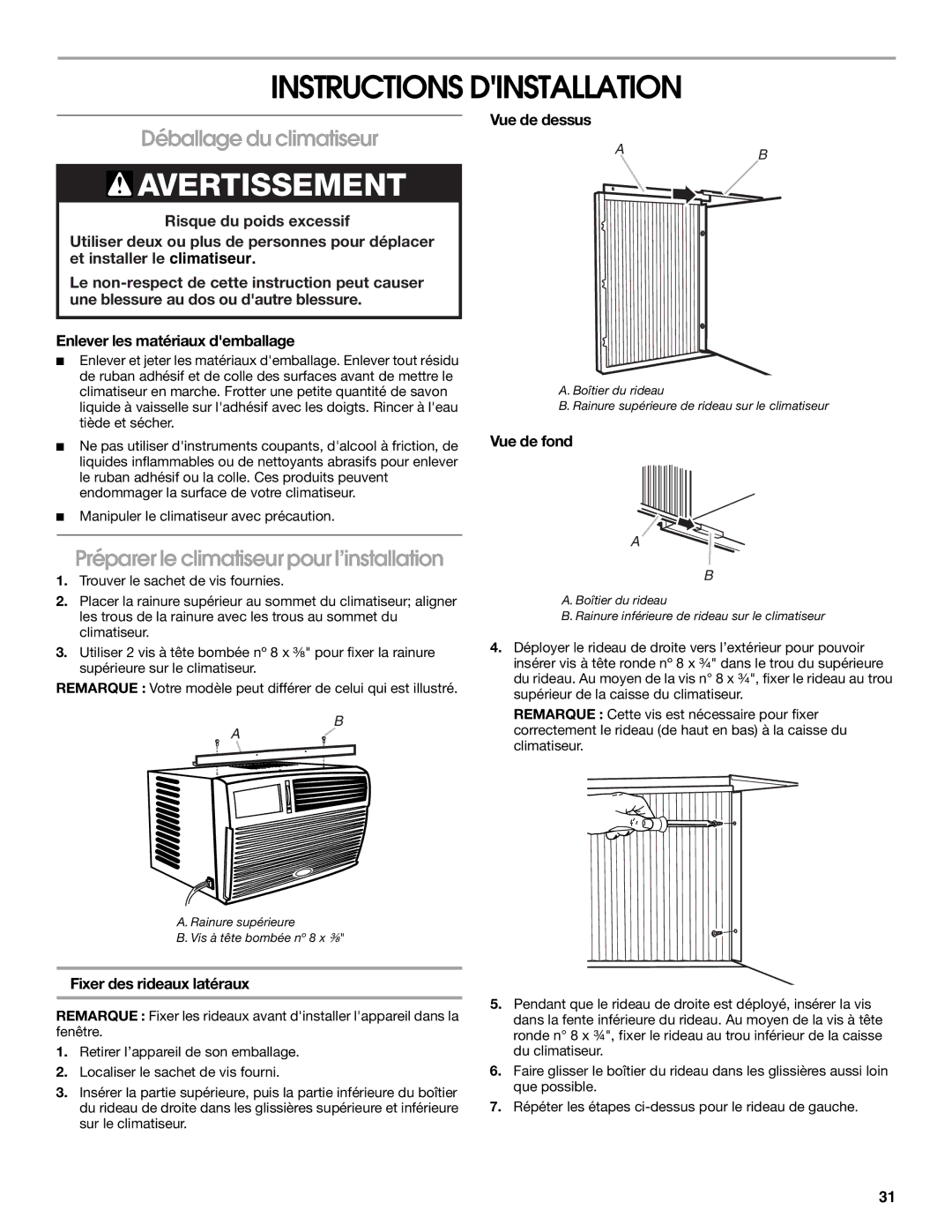 Frigidaire 66121330 Instructions Dinstallation, Déballage du climatiseur, Préparer le climatiseur pour l’installation 