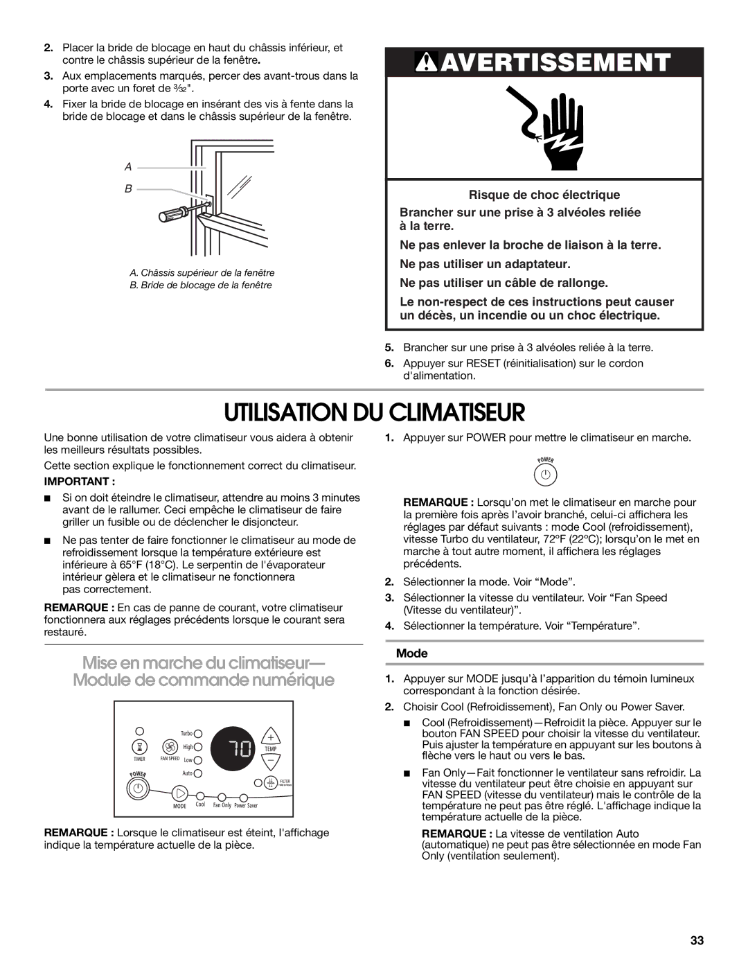 Frigidaire 66121330 manual Utilisation DU Climatiseur, Mise en marche du climatiseur- Module de commande numérique 