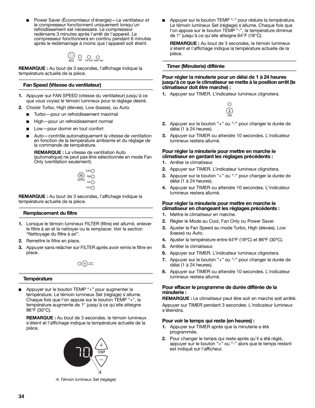 Frigidaire 66121330 manual Fan Speed Vitesse du ventilateur, Remplacement du filtre, Température 