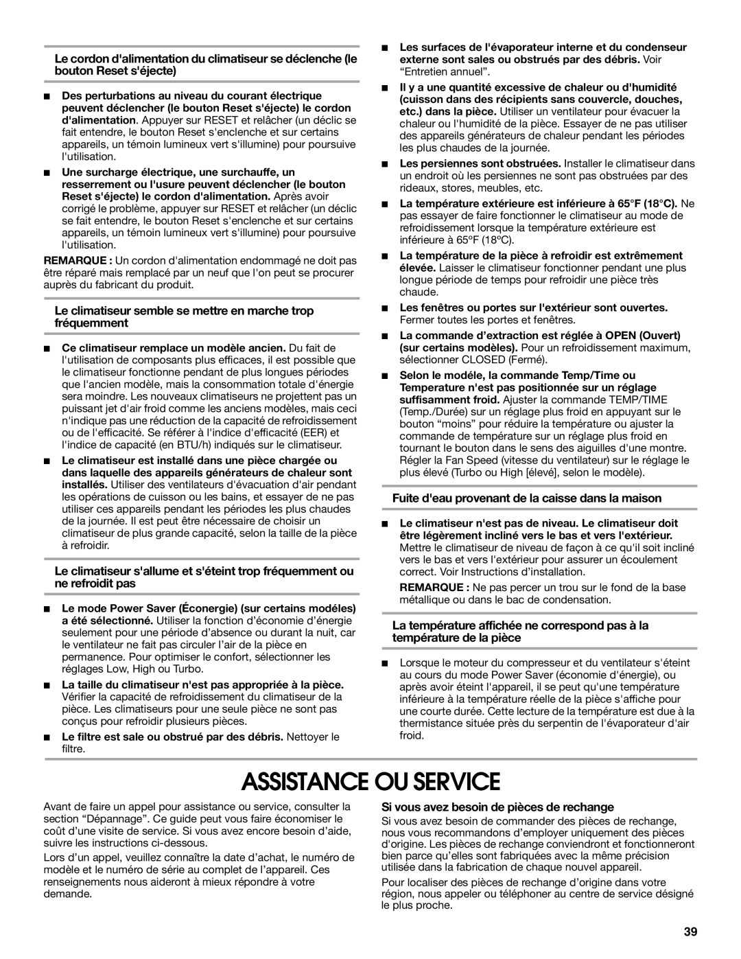 Frigidaire 66121330 manual Assistance OU Service, Le climatiseur semble se mettre en marche trop fréquemment 